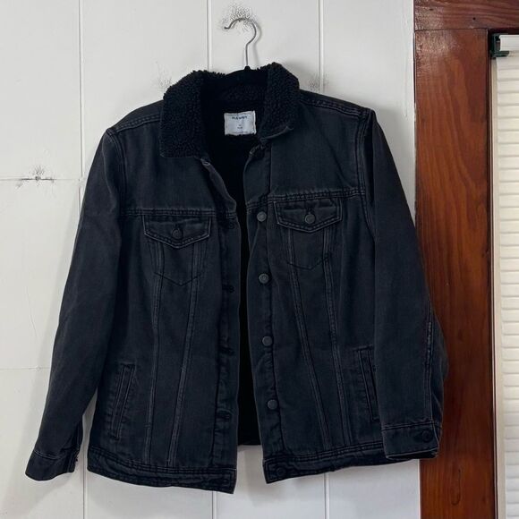 Old Navy Black Sherpa Lined Denim Jacket Size 1X - Picture 1 of 4